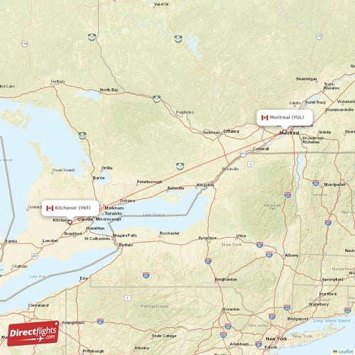 Kitchener - Montreal direct flight map