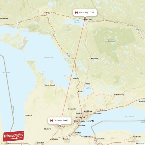 Kitchener - North Bay direct flight map