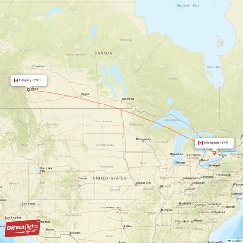 Kitchener - Calgary direct flight map