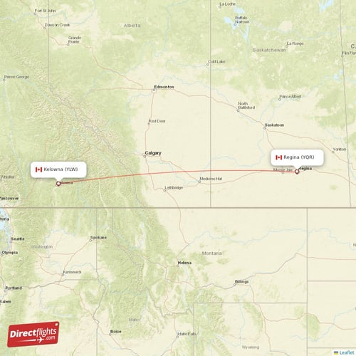Kelowna - Regina direct flight map