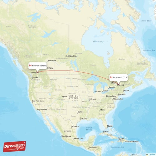 Kelowna - Montreal direct flight map