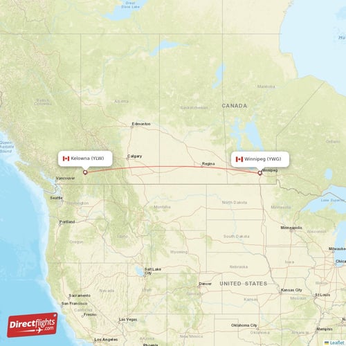 Kelowna - Winnipeg direct flight map