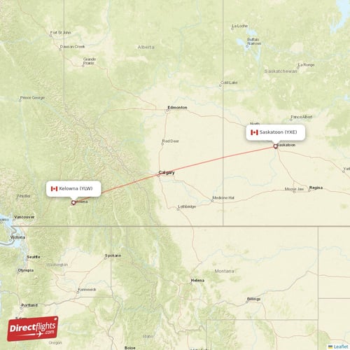 Kelowna - Saskatoon direct flight map