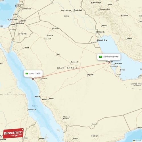 Yanbu - Dammam direct flight map