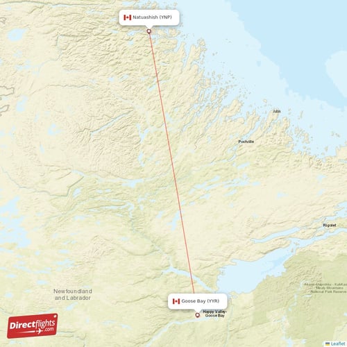 Natuashish - Goose Bay direct flight map
