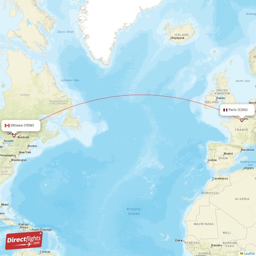 Ottawa - Paris direct flight map