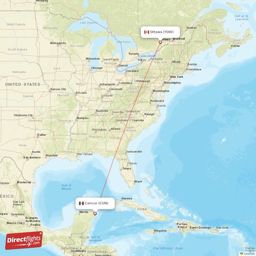 Ottawa - Cancun direct flight map