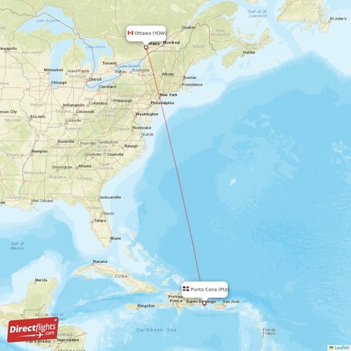 Ottawa - Punta Cana direct flight map