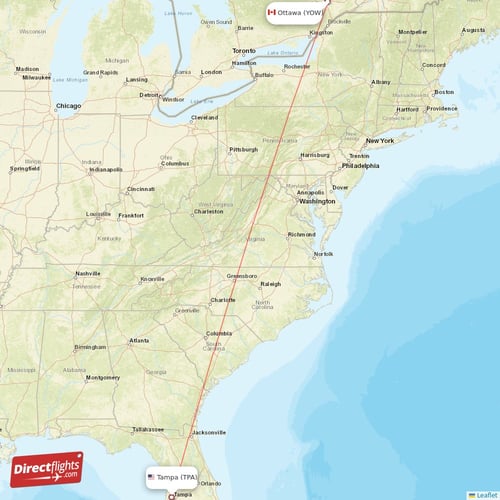 Ottawa - Tampa direct flight map
