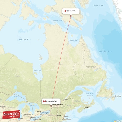 Ottawa - Iqaluit direct flight map