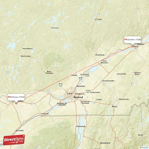 Ottawa - Quebec direct flight map