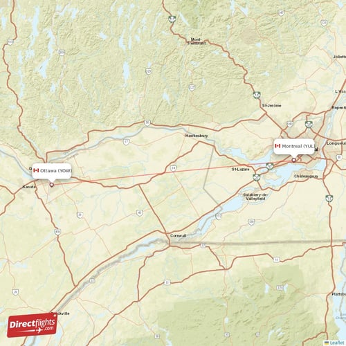 Ottawa - Montreal direct flight map