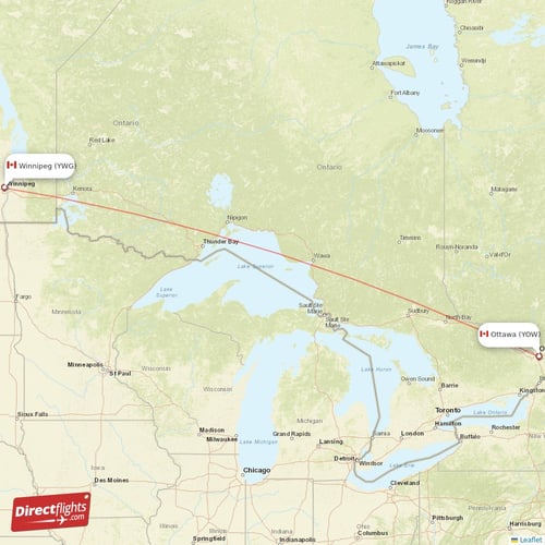 Ottawa - Winnipeg direct flight map