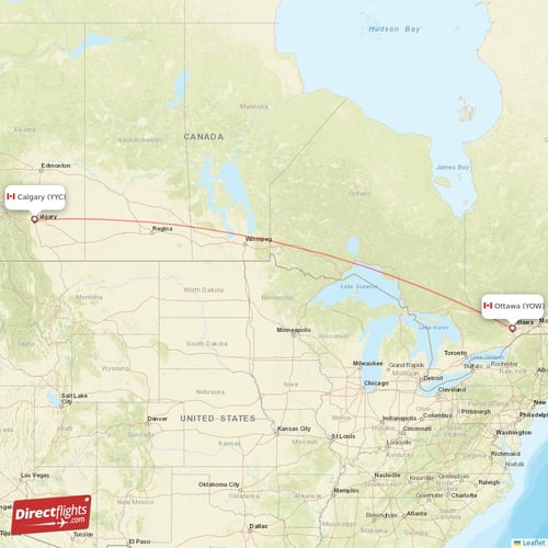 Ottawa - Calgary direct flight map