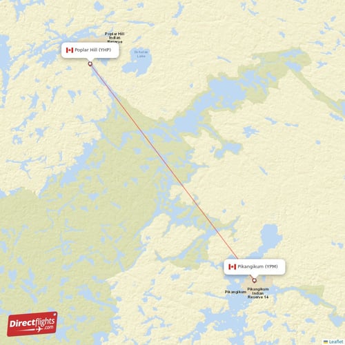 Pikangikum - Poplar Hill direct flight map