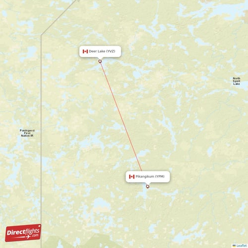 Pikangikum - Deer Lake direct flight map