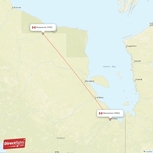 Peawanuk - Moosonee direct flight map
