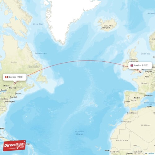Quebec - London direct flight map