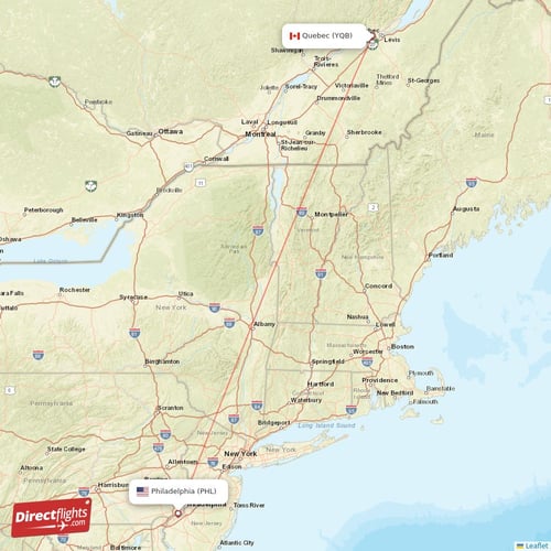 Quebec - Philadelphia direct flight map