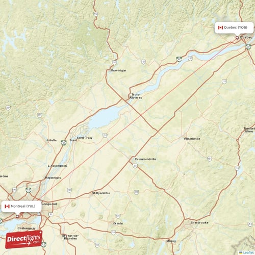 Quebec - Montreal direct flight map