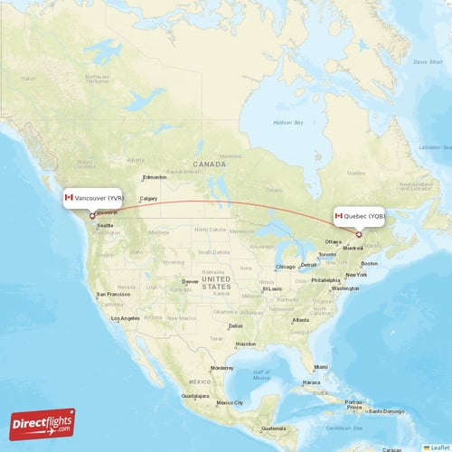 Quebec - Vancouver direct flight map