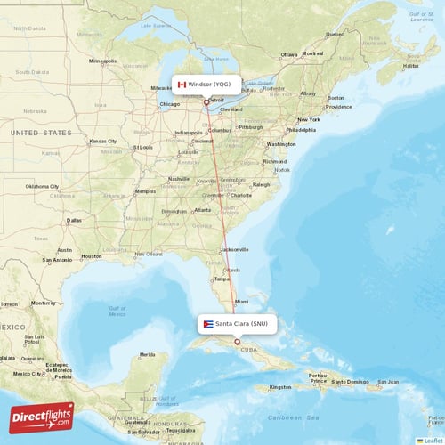 Windsor - Santa Clara direct flight map