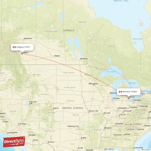 Windsor - Calgary direct flight map