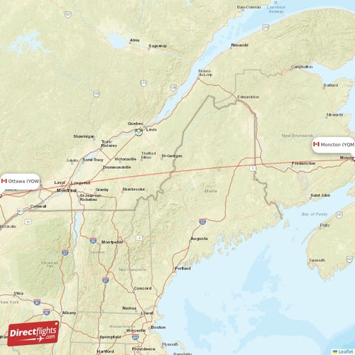 Moncton - Ottawa direct flight map