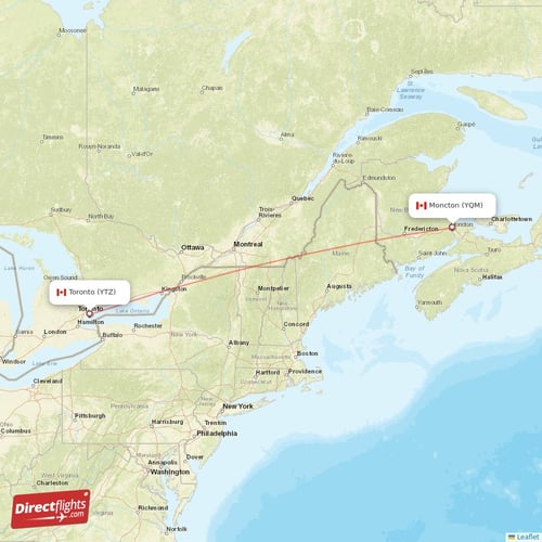 Moncton - Toronto direct flight map