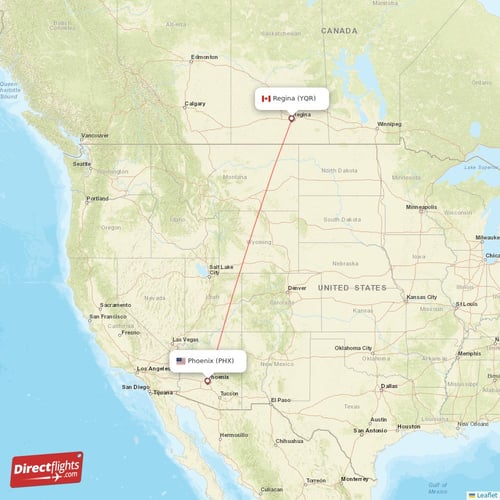 Regina - Phoenix direct flight map