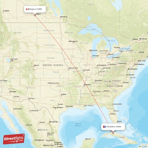 Regina - Varadero direct flight map