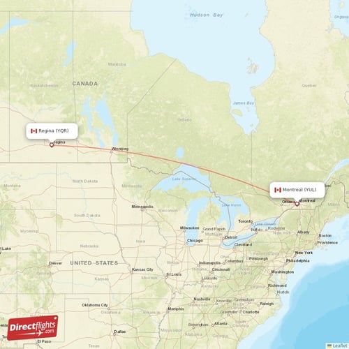 Regina - Montreal direct flight map