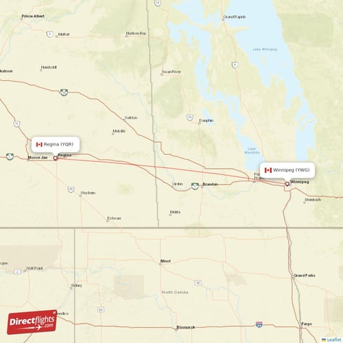Regina - Winnipeg direct flight map