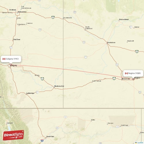Regina - Calgary direct flight map
