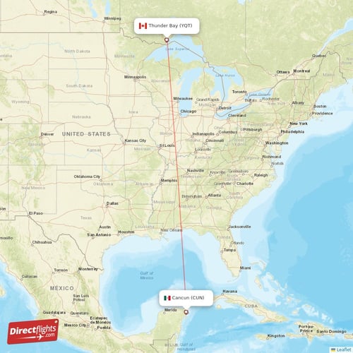 Thunder Bay - Cancun direct flight map