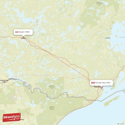 Thunder Bay - Dryden direct flight map