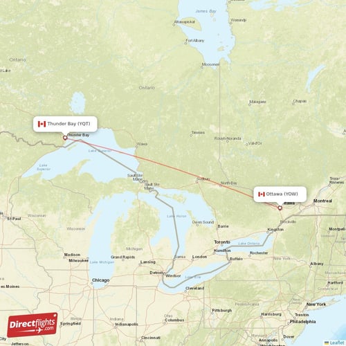 Thunder Bay - Ottawa direct flight map