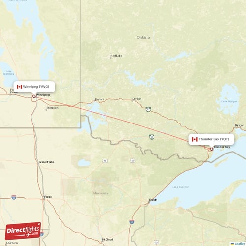 Thunder Bay - Winnipeg direct flight map