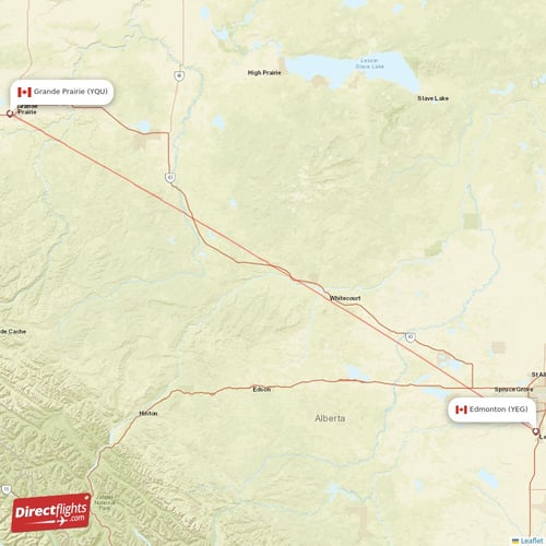 Grande Prairie - Edmonton direct flight map