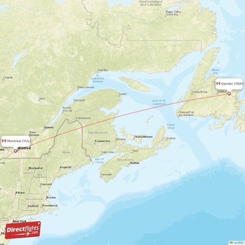 Gander - Montreal direct flight map