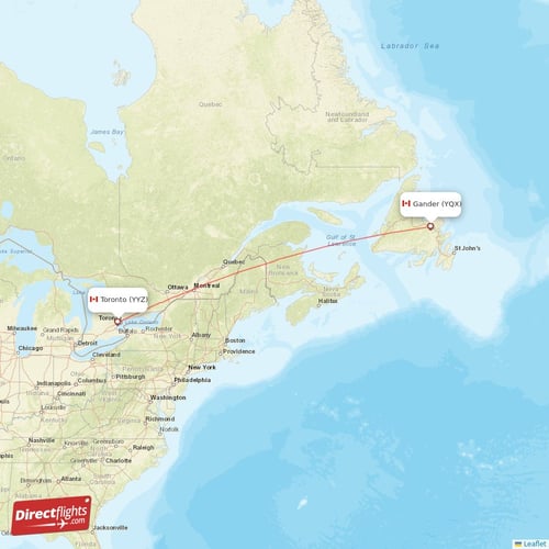 Gander - Toronto direct flight map