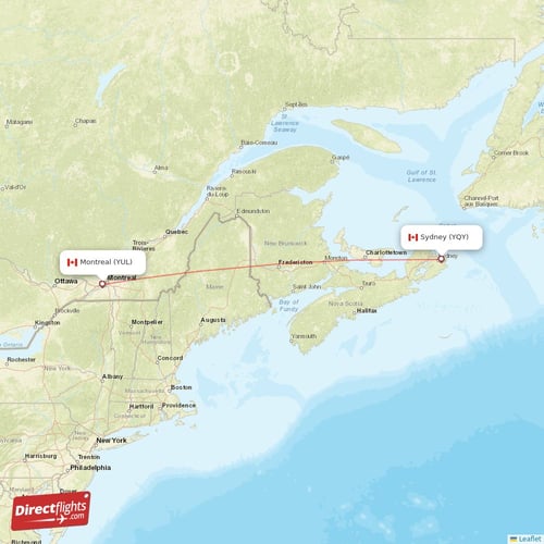 Sydney - Montreal direct flight map