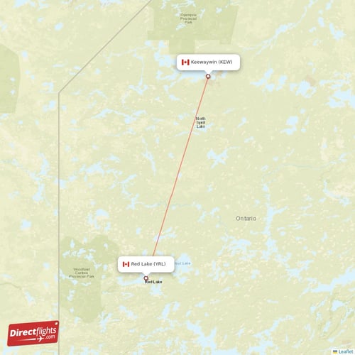 Red Lake - Keewaywin direct flight map
