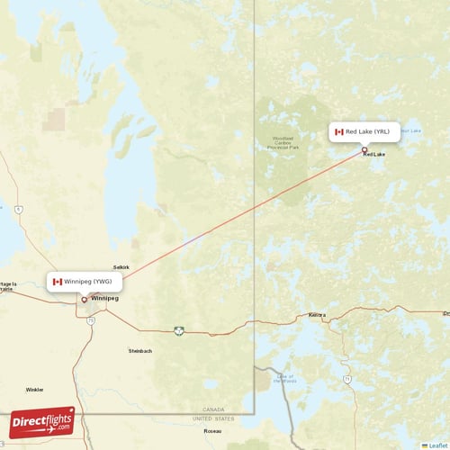 Red Lake - Winnipeg direct flight map