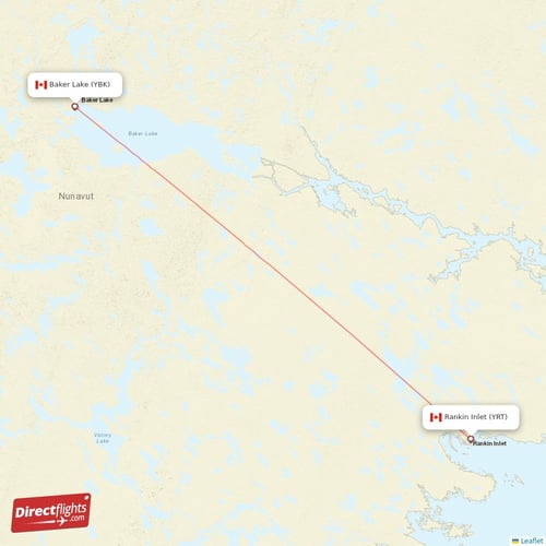 Rankin Inlet - Baker Lake direct flight map