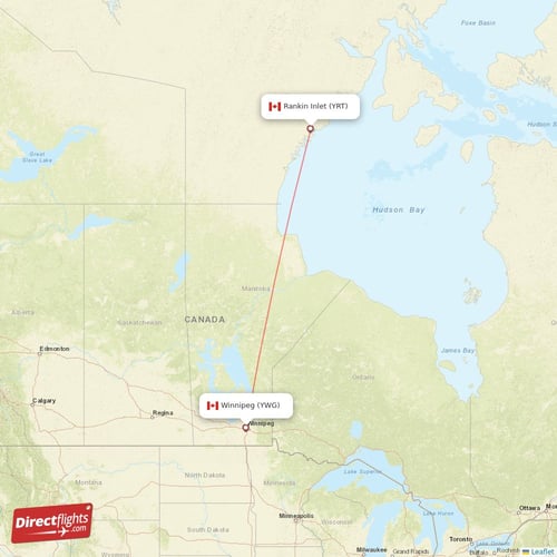 Rankin Inlet - Winnipeg direct flight map