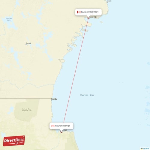 Rankin Inlet - Churchill direct flight map