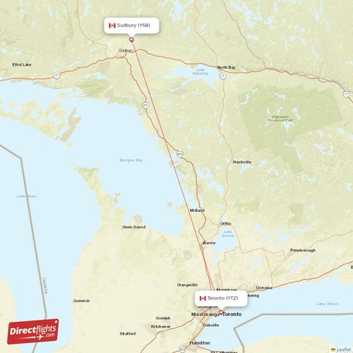 Sudbury - Toronto direct flight map
