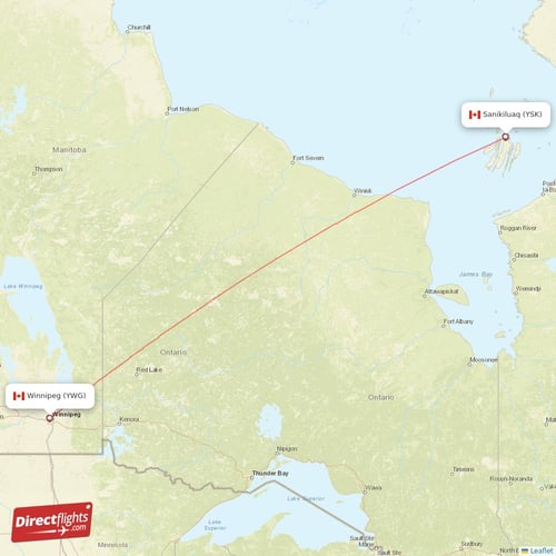 Sanikiluaq - Winnipeg direct flight map