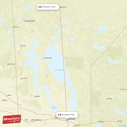Thompson - Winnipeg direct flight map